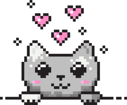 Gray pixel art cat peeking over ledge, pink hearts, black pixel crosses on transparent background