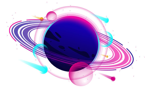 Naklejki Flat design neon-ringed planet showing cyan spheres, comets, star specks on transparent background