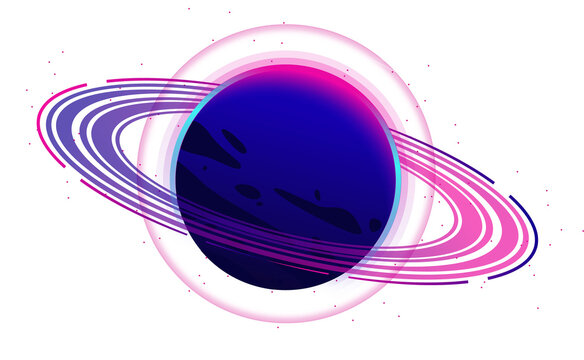 Naklejki Ringed neon planet is floating in flat design, dual rings and star streaks, transparent background