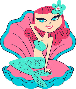 Flat design mermaid is sitting inside pink teal clam shell with pink hair, transparent background