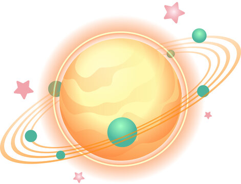 Naklejki Vector art showing planet yellow core halo orange rings green orbs pink stars transparent backdrop