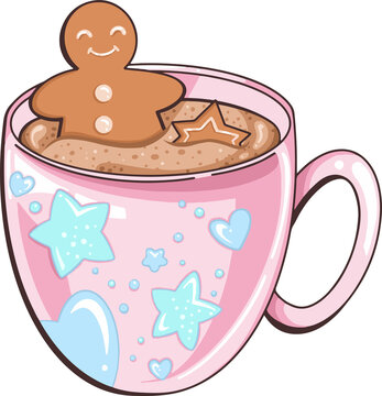 Naklejki Cartoon pink mug is holding frothy cocoa with gingerbread and star cookie on transparent background