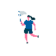 A mosaic-style pixel art showing a dynamic person running with a net, emphasizing motion.