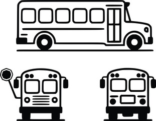 School bus line art illustration featuring side front and rear views perfect for educational materials transportation design or children's books showcasing simple bus iconography, silhouette