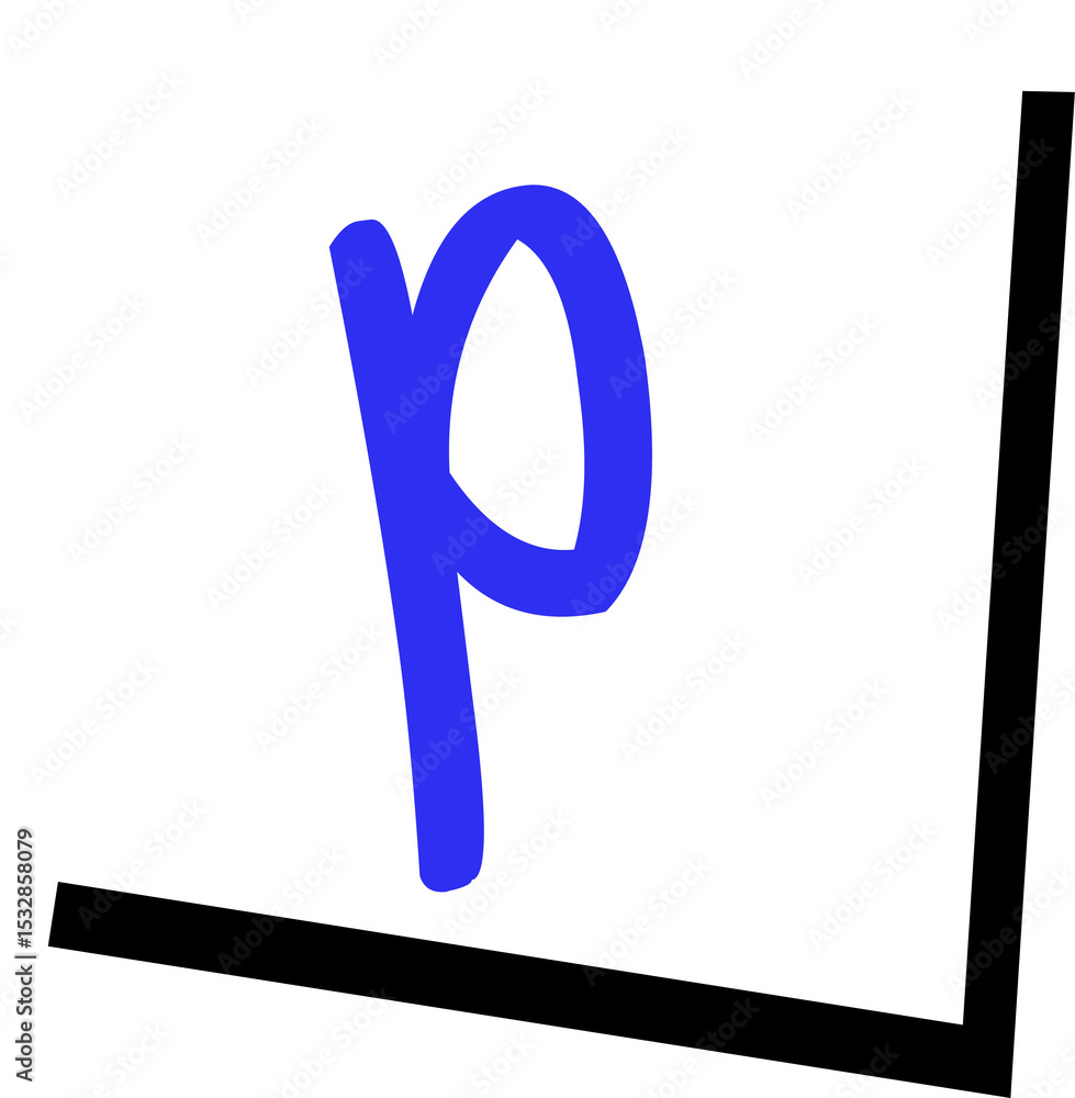 Poster flat design blue lowercase p is floating on white square with black shadow, transparent background