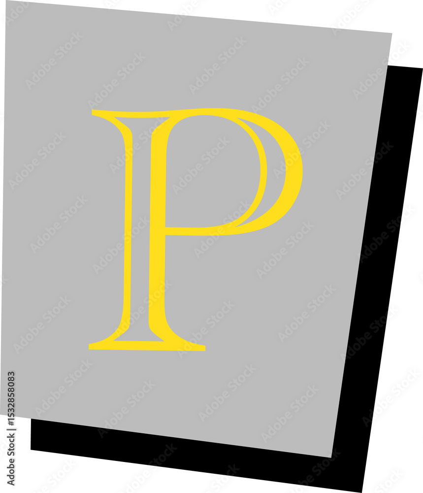 Poster yellow p floating on tilted gray-black square panels in flat design showing transparent background