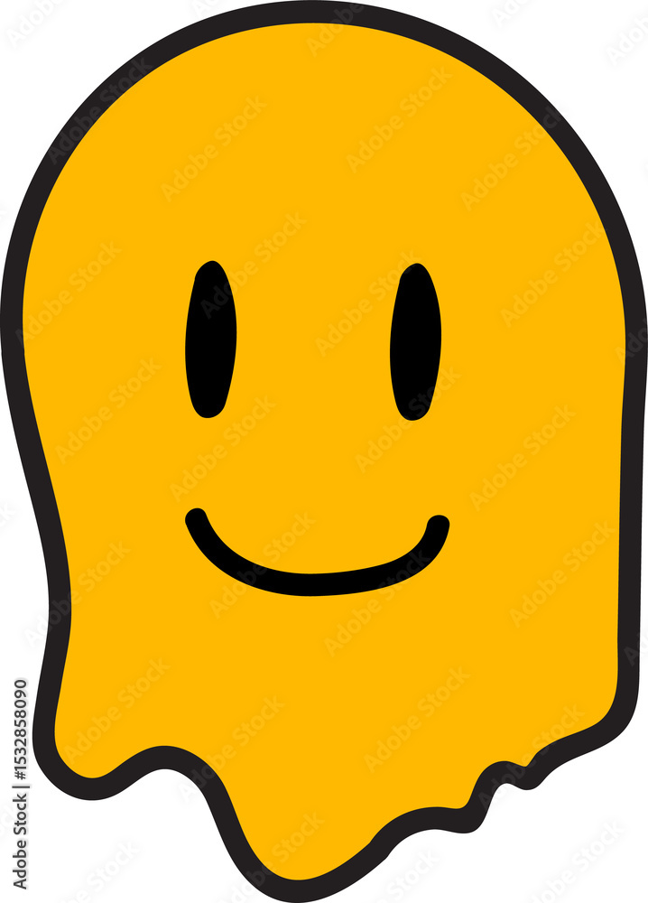 Poster yellow blob ghost is floating on transparent background in flat design, showing oval eyes, smiling