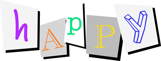 Five paper style cards floating spelling happy with drop shadows  and  transparent background