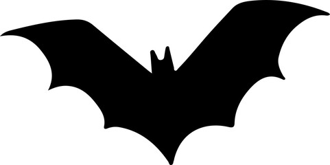 Stylized bat silhouette is flying in flat design with scalloped wings and transparent background