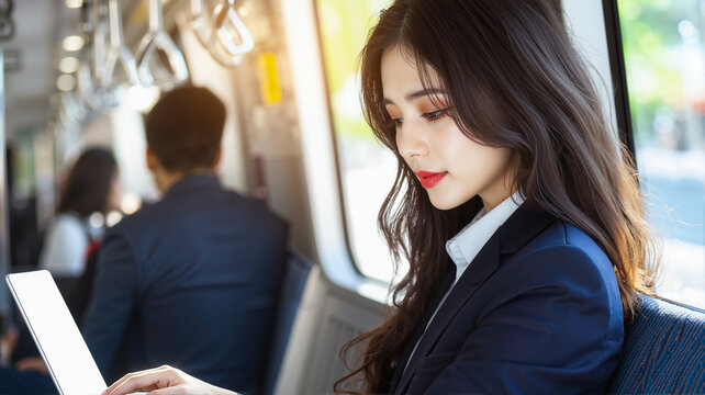 Close-up of Professional Asian Woman in Navy Suit Working on Laptop by Train Window, Soft Sunlight, Modern Minimalist Interior for Summer Morning Commute