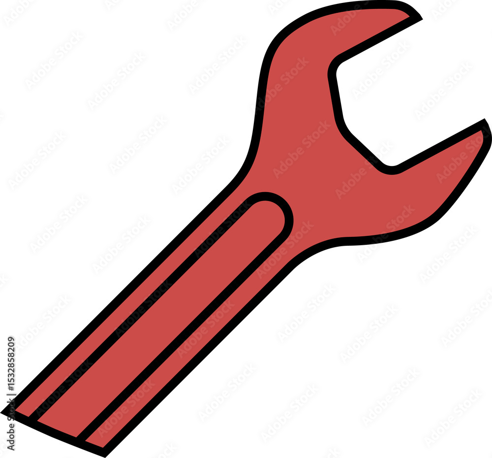 Poster flat design showing red open-ended wrench diagonally with bold outline on transparent background