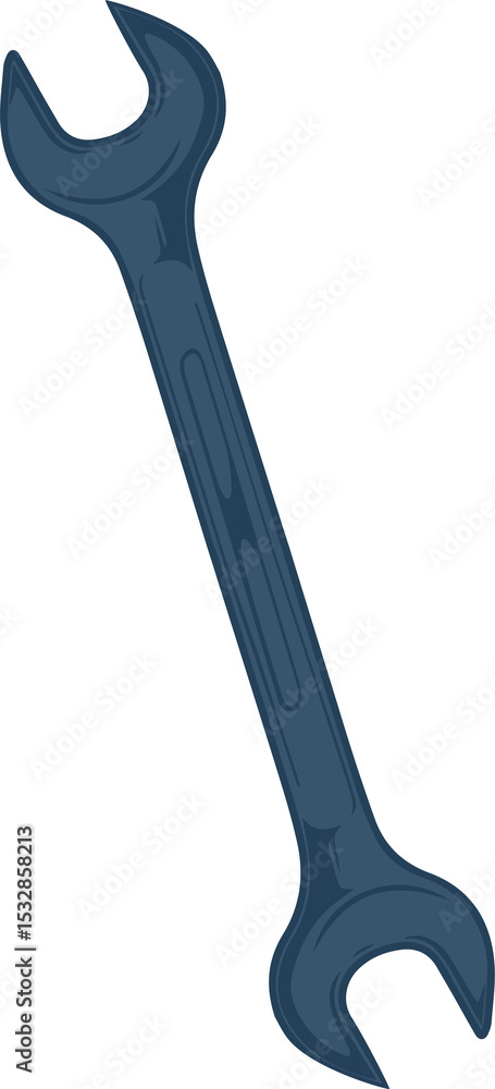 Poster blue combination wrench is tilting in flat design with clear backdrop and outline, copy space