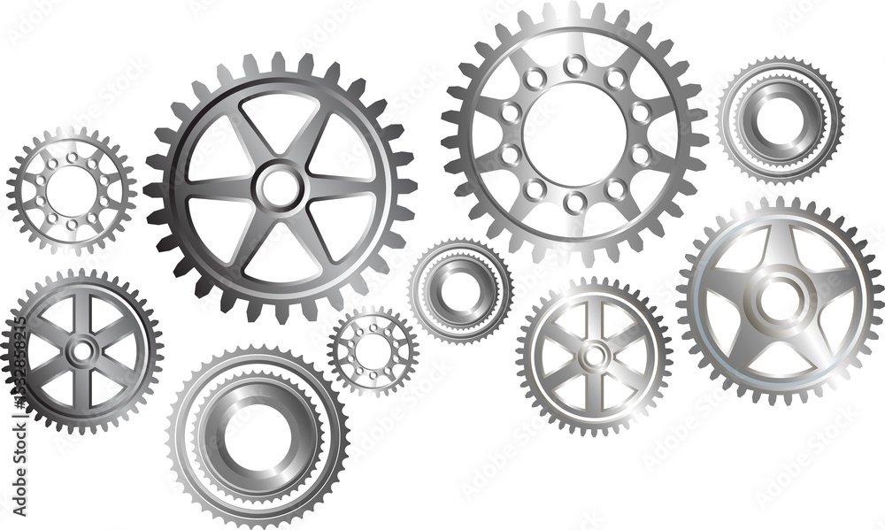 Aufkleber silver-metallic gears and cogs are floating on transparent background in flat design, copy space