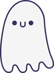 Cartoon ghost is floating on transparent background, showing smooth white body and simple face