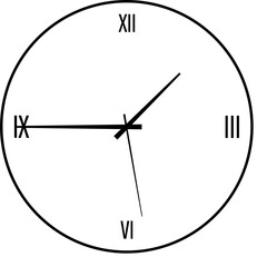 Simple analog clock face is showing black border roman numerals and hands on transparent backdrop