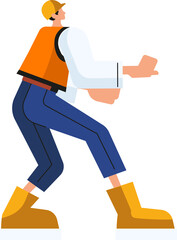 Stylized worker walking wearing orange vest yellow hard hat and yellow boots transparent background