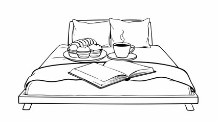 Cozy breakfast in bed setup featuring coffee, pastries, and a book 