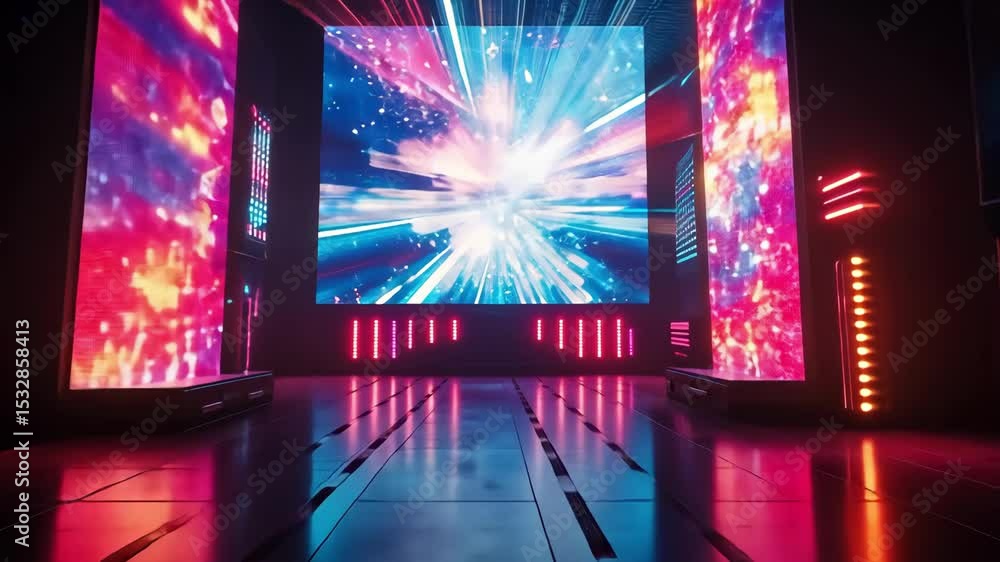 Poster futuristic technology hall with glowing colorful led screens and abstract digital patterns. abstract