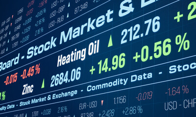 Obraz premium Commodity ticker, oil price, trading board, stock market and exchange. Rising heating oil and zinc price, invest, risk. Currency rates US Dollar and Euro. 3D animation