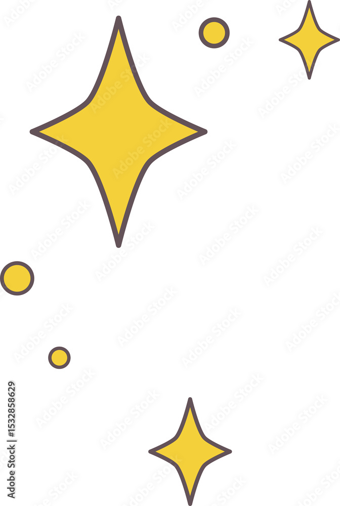 Aufkleber group of stylized sparkle shapes and dots is floating over transparent background, flat design