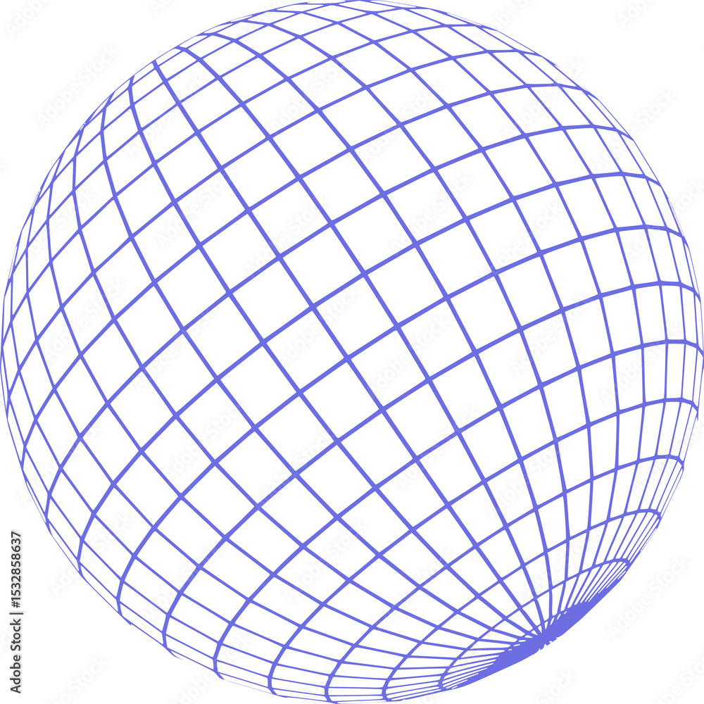 Poster 3d wireframe sphere floating on transparent background, featuring blue grid mesh, copy space