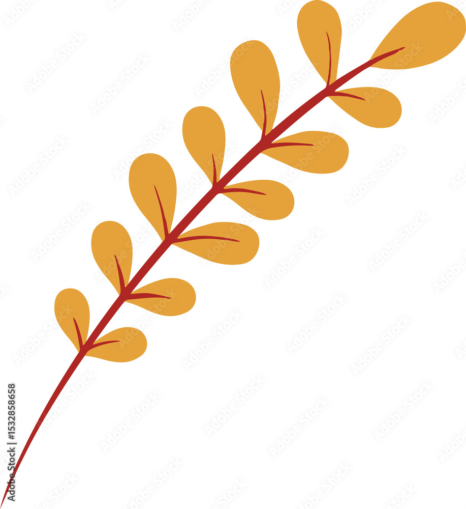 Poster flat vector design is showing red-brown branch with paired golden leaves on transparent background