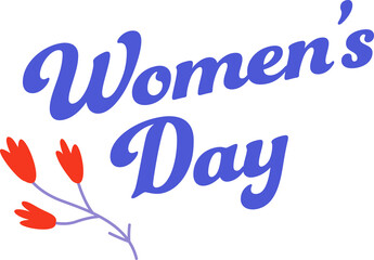 Flat design is showing purple Women's Day lettering with red tulip sprig, on transparent background