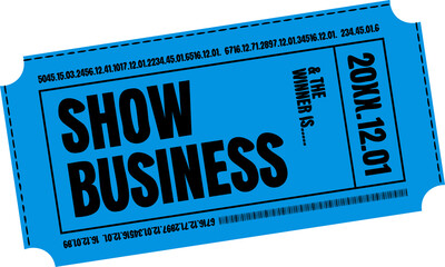Displaying blue ticket on transparent-bg, SHOW BUSINESS, date, code  and  barcode, perforated border