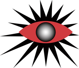 Abstract eye symbol is featuring flat style with glowing orb and spiky rays on transparent backdrop