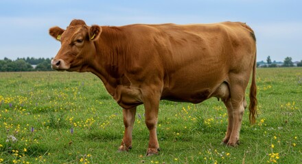 A reddish-brown cow stands in a vibrant green pasture dotted with yellow wildflowers, under a mostly cloudy sky