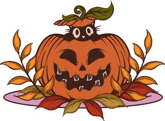 Obraz premium Jack-o'-lantern is revealing black cat, autumn leaves and pink oval, flat, transparent copy space
