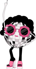 Mirrored disco ball character is shining with pink sunglasses and heels on transparent background