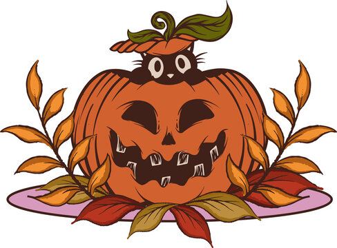 Fototapeta Jack-o'-lantern is revealing black cat, autumn leaves and pink oval, flat, transparent copy space