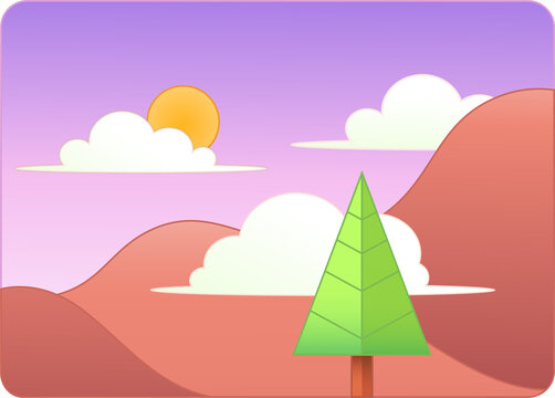 Fototapeta Flat design is featuring pine-like tree, sun, white clouds over red hills, transparent background