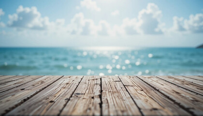 Weathered Wooden Tabletop With Blurred Ocean and Sky Background