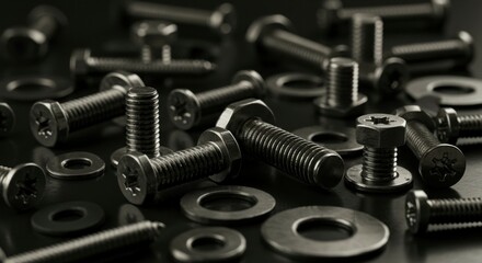 Scattered metallic fasteners, bolts, nuts, and washers on dark surface.  Close-up view showing details and textures