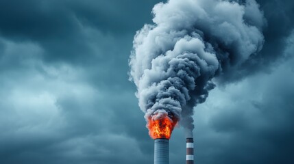 Industrial Chimney Emitting Dark Smoke Against Brooding Sky at Dusk