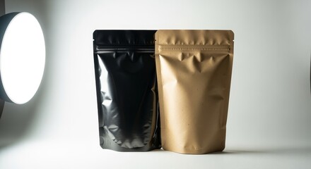 Kraft Paper & Black Stand Up Pouches: Packaging Design, Product Photography, Coffee Packaging, Food Packaging, Retail Packaging, Flexible Packaging, Pouch Mockup, Branding, Sustainable Packaging