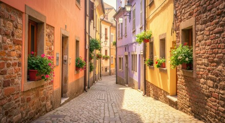 Fototapeta premium Charming cobblestone street lined with colorful buildings, adorned with vibrant flower boxes