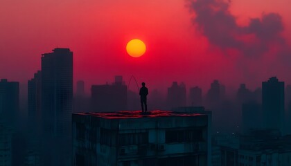Silhouette of a person on a rooftop at sunset over a city.