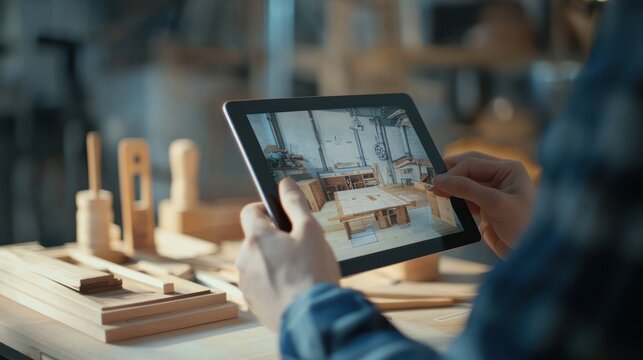 Carpenter Using Tablet for 3D Design Review in Workshop - Powered by Adobe