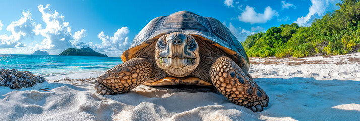 Aldabra giant tortoise resting on white sand beach with tropical ocean and green foliage under blue sky panorama