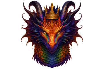 Dragon Head with Crown – Majestic Fantasy Beast Portrait in Rainbow Scales and Royal Horned Design