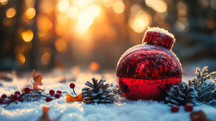 Red Christmas ornament in snow with pine cones and red berries festive winter holiday decoration with warm bokeh background sunlight glow