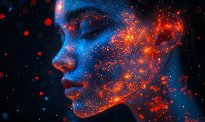Close up profile of young woman face illuminated with glowing red and blue digital particles effect on dark background futuristic technology concept isolated