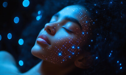 Close up of peaceful young woman with closed eyes illuminated by blue digital grid lights on face symbolizing futuristic technology and artificial intelligence interaction in dark environment