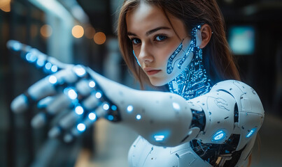 Close-up of futuristic female humanoid robot with illuminated blue circuits and artificial intelligence pointing forward in dark environment