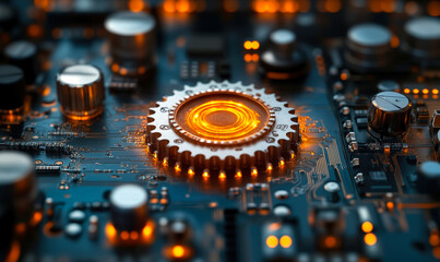 Close-up of futuristic glowing orange gear wheel and electronic components on high-tech circuit board with blue background for technology concept
