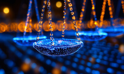 Digital scales of justice composed of glowing blue circuitry with golden chains symbolizing law technology and innovation in legal industry concepts