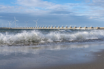 The Oosterscheldekering (Eastern Scheldt storm surge barrier) of the Delta Works flood protection...